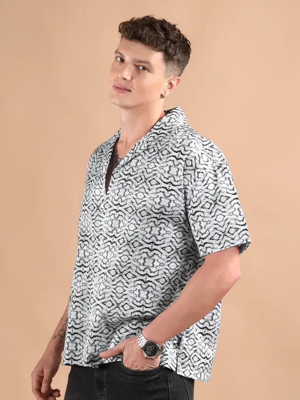 White and Black Printed Cuban Shirt